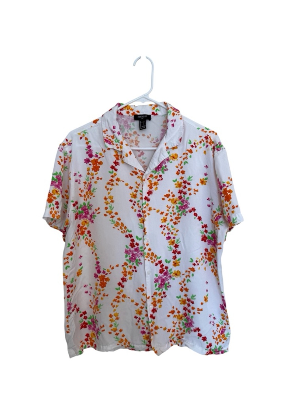 Forever 21 White Floral Short Sleeve Button Down Shirt